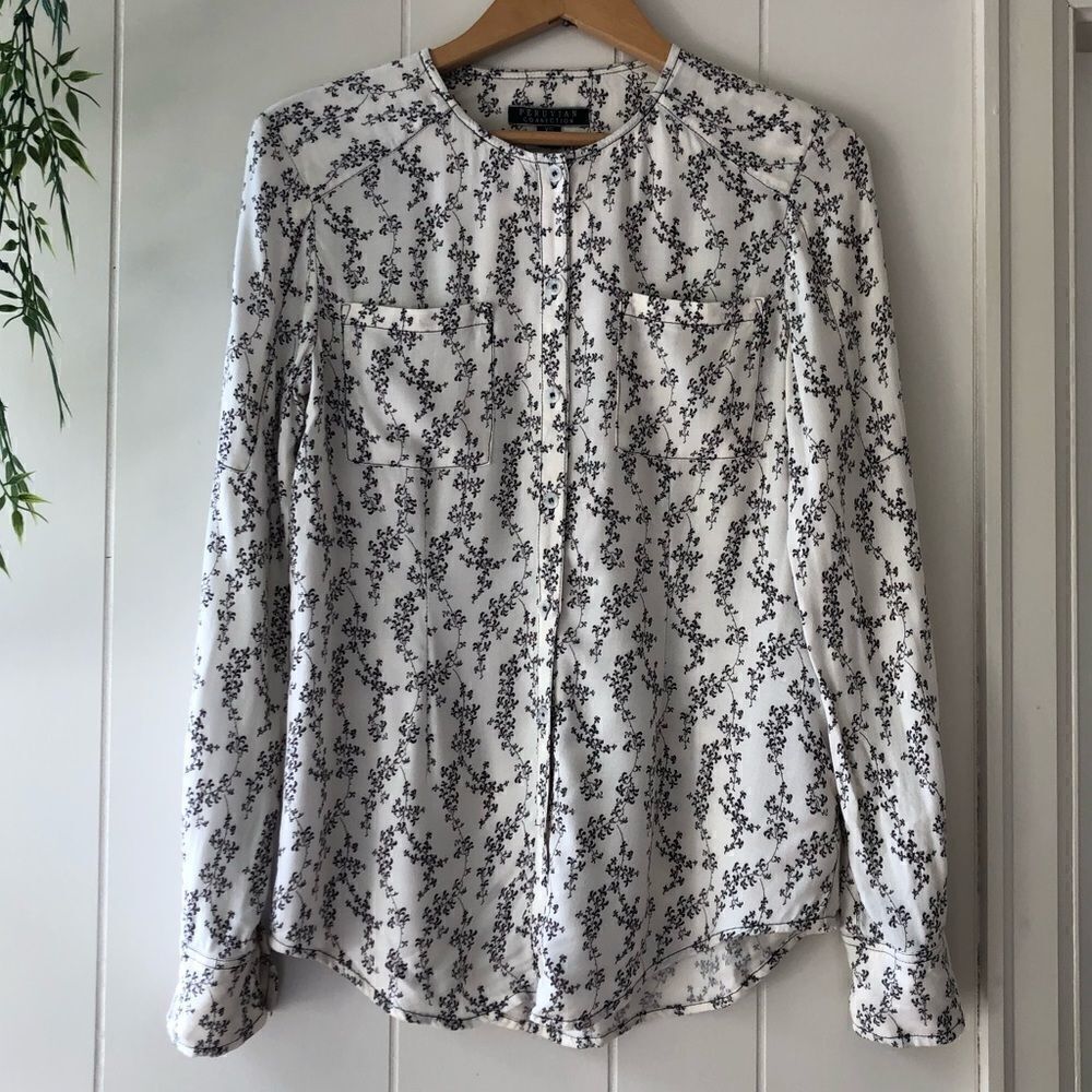 Peruvian Connection Cream Brown Floral Button Top